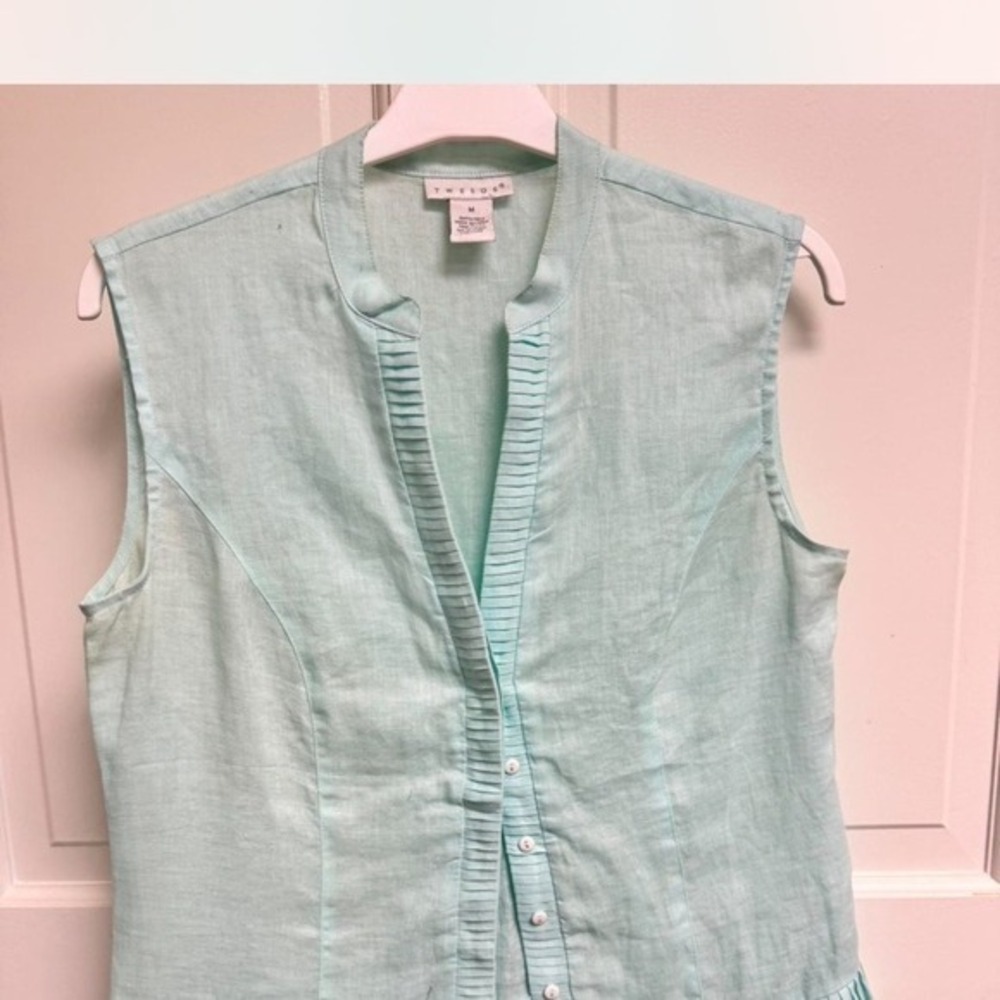 Tweeds Aqua Blue 100% Linen Pleated Ruffle Sleeveless Blouse Top Size M